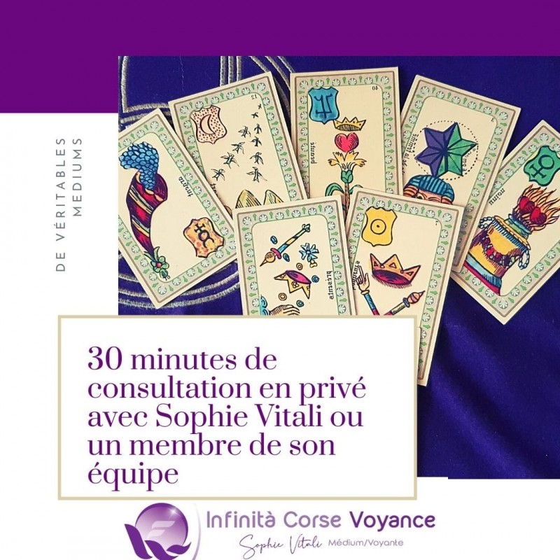 30 minutes de consultation de voyance et guidance médiumnique spirituelle avec Sophie Vitali ou un membre de son équipe. 30 minutes de consultation de voyance et guidance médiumnique spirituelle avec Sophie Vitali ou un membre de son équipe.